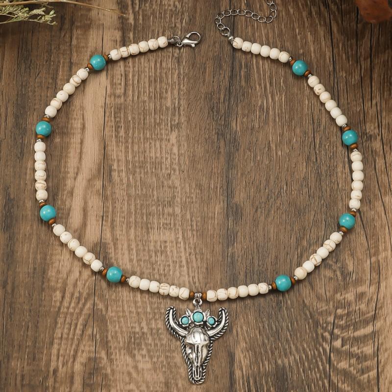 BLINGBAY Kadın Boncuklu Kolye Retro Etnik Stil Turkuaz Kişilik Yaratıcı Boğa Başı Şekli Kolye Ucu El Yapımı Boncuklu Kolye Kız Hediyesi