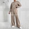Light Grey Ribbed Knit Loungewear Set with Wide Leg Pants