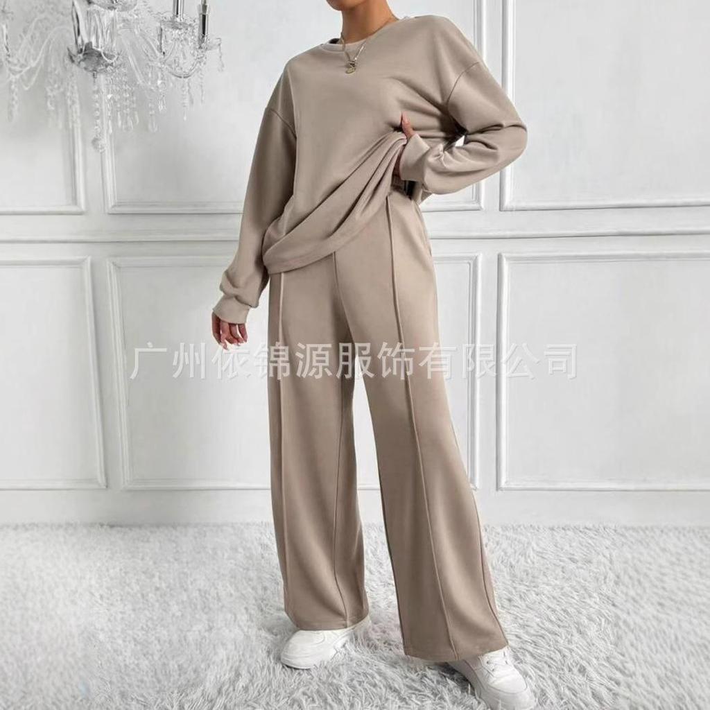 Light Grey Ribbed Knit Loungewear Set with Wide Leg Pants