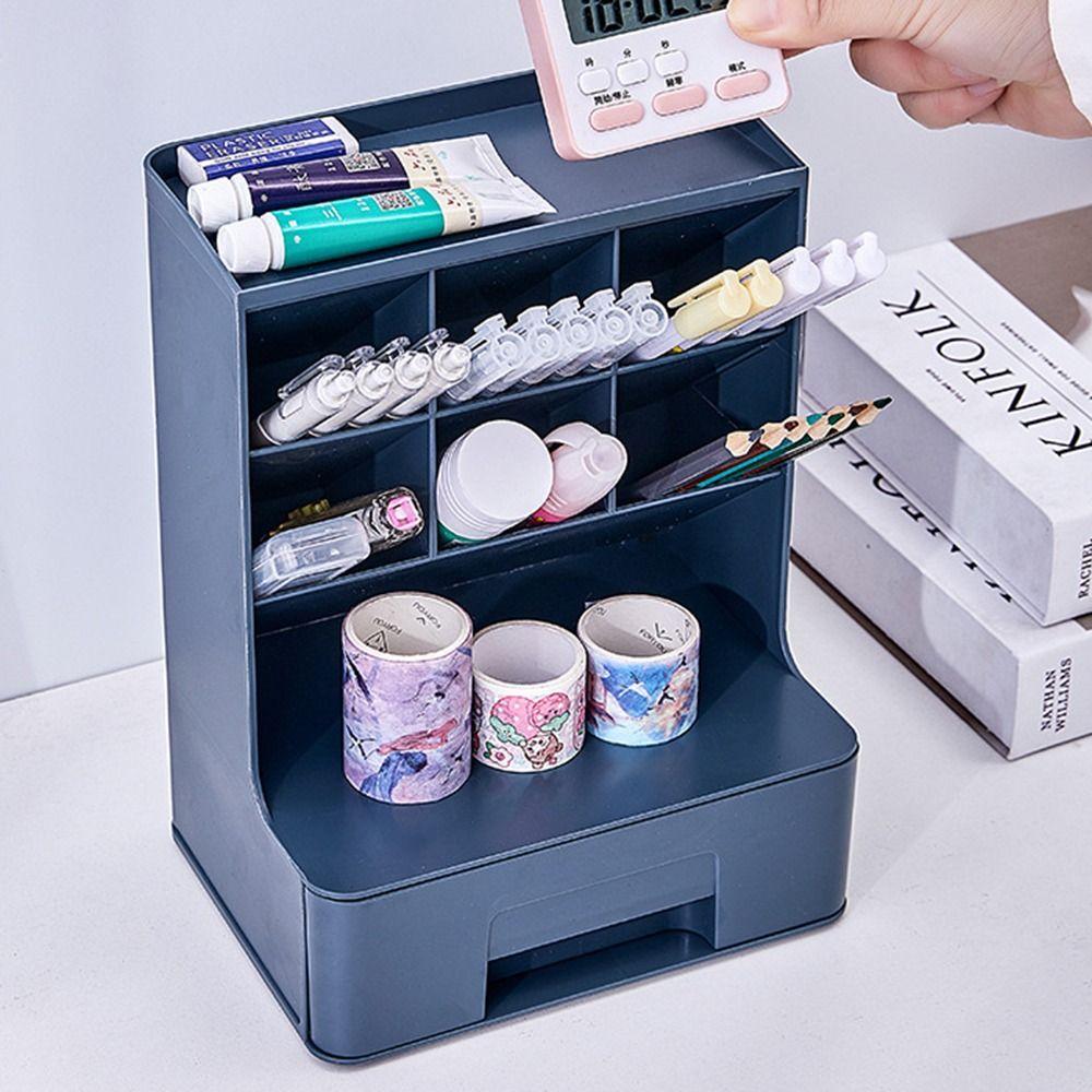6-Grid Oblique Pen Holder Solid Color Cosmetics Storage Box Stationary Organizer Home