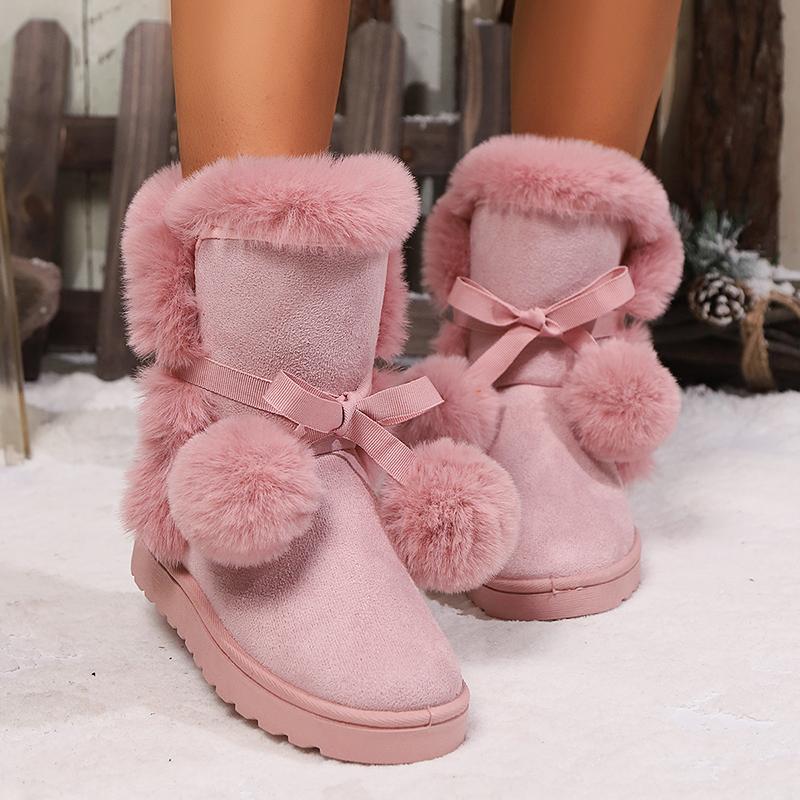 Fashion Sweet Pink Furry Non Slip Snow Boots Women 2025 Winter Warm Fluffy Fur Flats Ankle Boots Cute Pom-Pom Designer Girl's Shoes 41