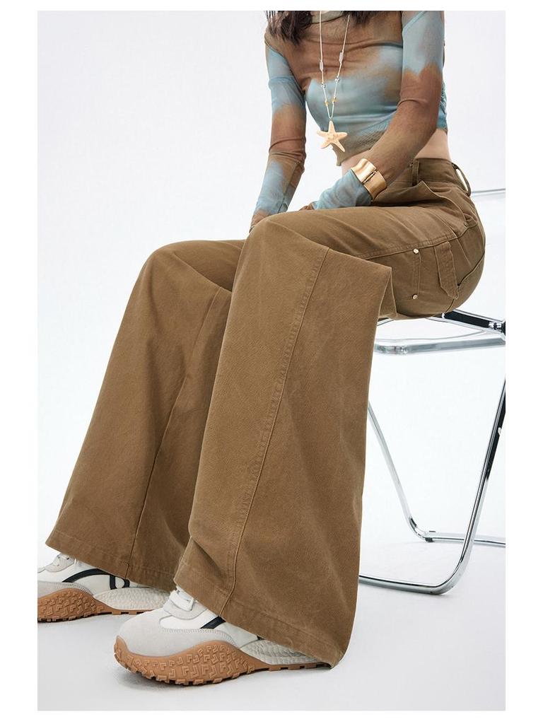 Jeans Larghi a Zampa Retro Khaki da Donna con Tasche Multiple per la Primavera