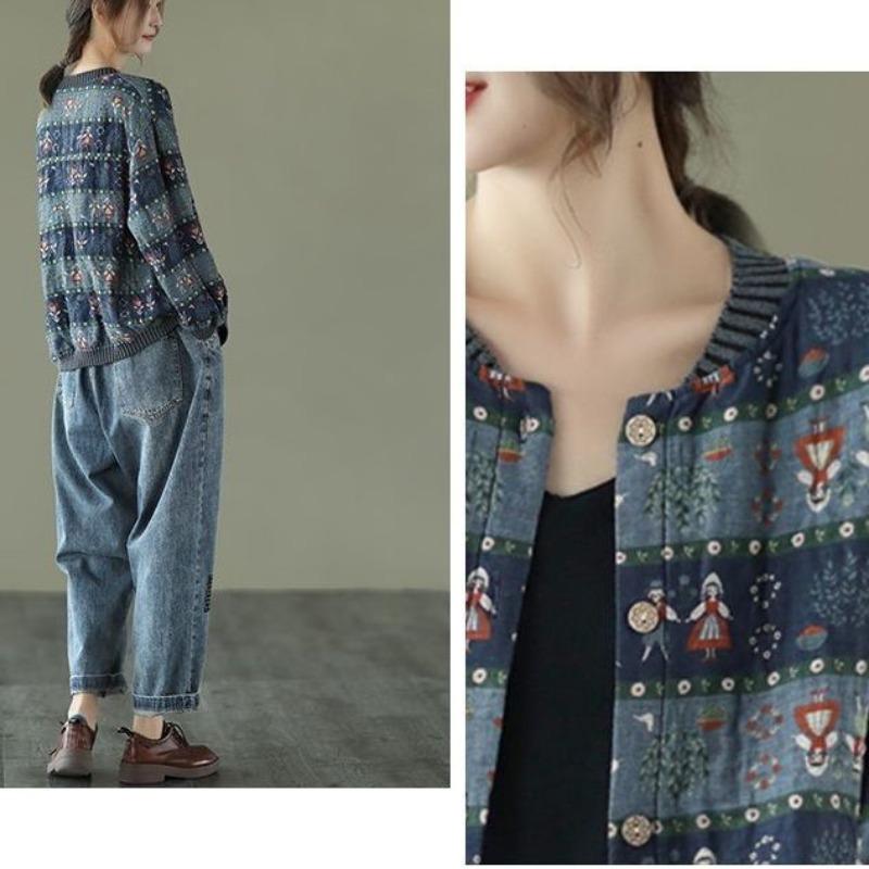 Modischer Herbst Neu Locker Literarisch und Vielseitig Lässiger Bedruckter Cardigan Koreanischer Stil Baumwolle und Leinen Kurze Jacke