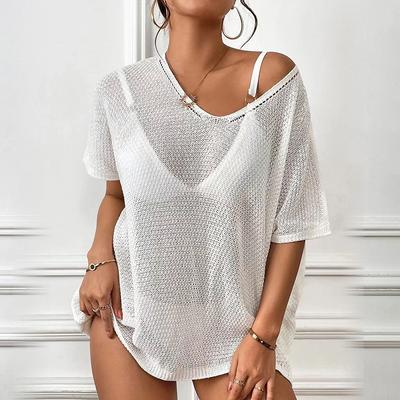 Nueva Falda de Playa de Verano para Mujer Color Sólido Sexy de Punto Hueco Traje de Baño Bikini Blusa Traje de Protección Solar