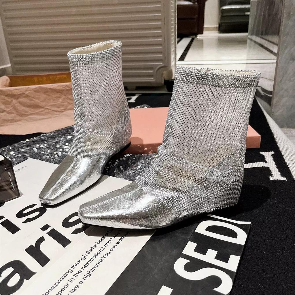 Hochwertige atmungsaktive Mesh-Mode-Stiefel für Damen – Neuer französischer Stil Elegante vielseitige kurze silberne Stiefel, Trendige Mesh-Stiefel