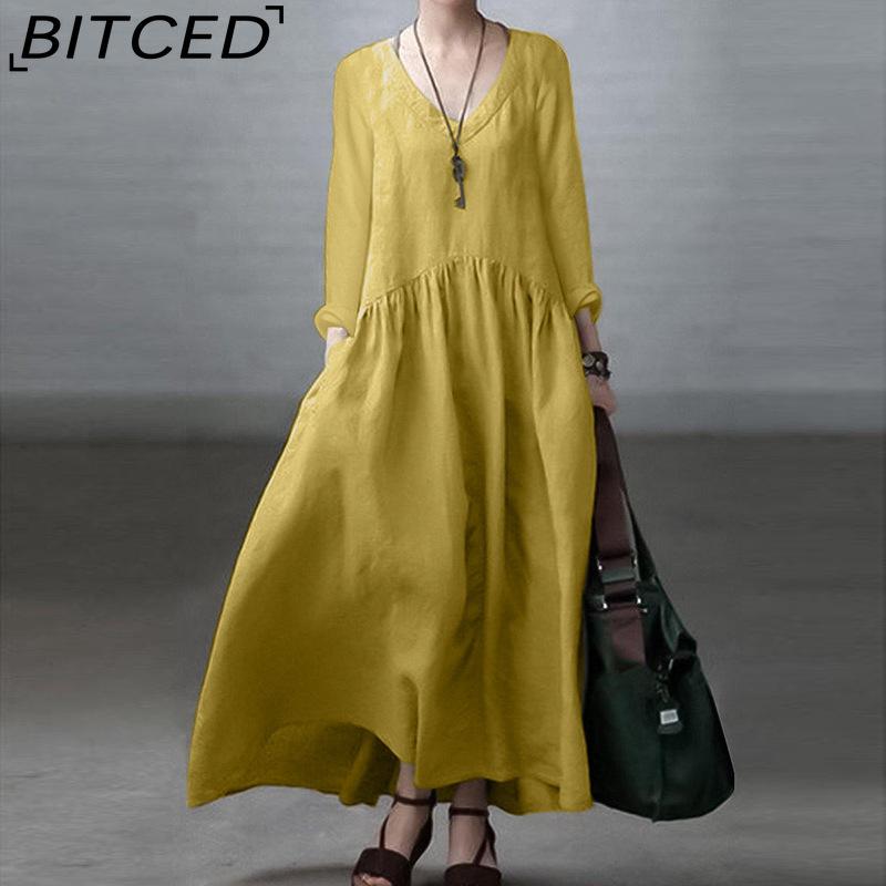 

BITCED Cotton Casual Women Dress V Neck Long Sleeve Casual Dresses XXXXXL жёлтый