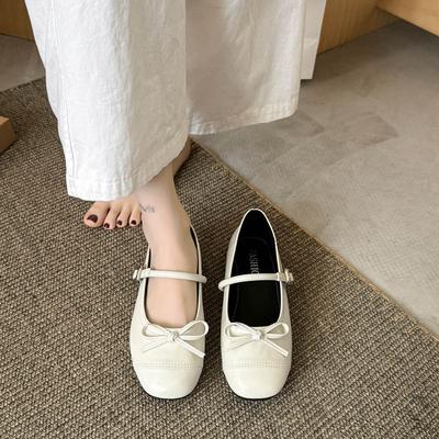2025 New Small Leather Shoes Shallow Mouth Mary Jane with Skirt Round Head Bow Flat Shoes