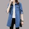 Damen Hemdmantel Revers Langarm Loose Fit Mittellanges Jeanshemd Basic Pendlerstil Oberbekleidung mit Taschen