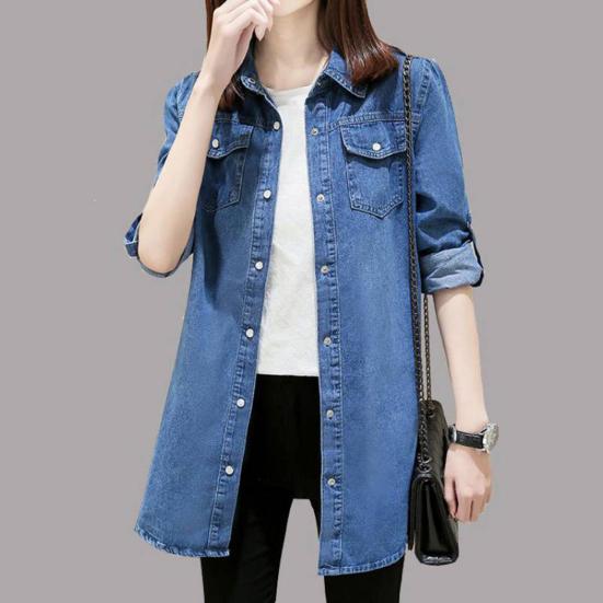 Damen Hemdmantel Revers Langarm Loose Fit Mittellanges Jeanshemd Basic Pendlerstil Oberbekleidung mit Taschen