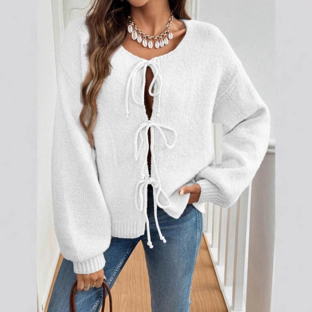 Autumn and Winter Women's Clothing, Casual, Loose Fitting, Cardigan, Tie Up, Solid Color Sweater