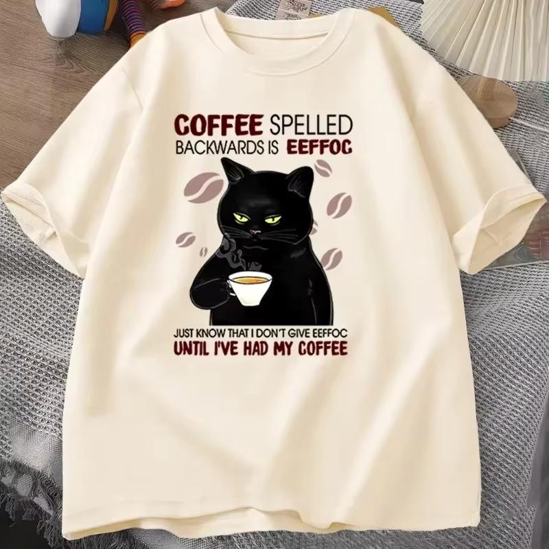 

2026 New Coffee Spelled Backwards Cat T Shirt Unisex Funny Cute Graphic Tees Women s Shirts T Shirt Women s Clothes Tshirt S