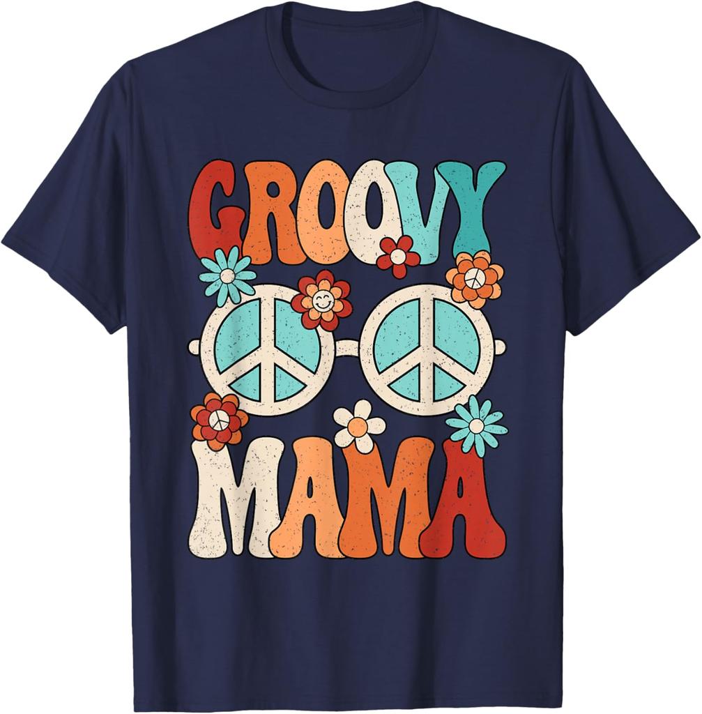 Groovy Mama Peace Sign Flowers Retro Hippie Graphic Tee Women's Casual Trip T-Shirt