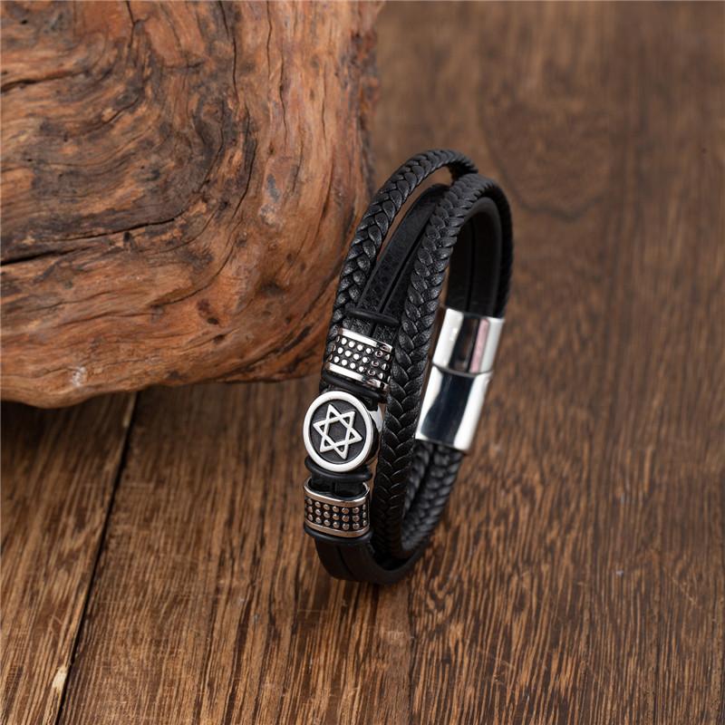 Star of David Men's Stainless Steel Vintage Nordic Hexagonal Star Punk Jewelry Hexagonal Amulet Leather Bracelet