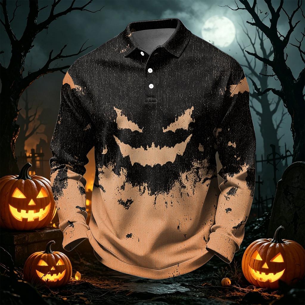 Men's Quick Dry Mesh Golf Shirt Long Sleeve Halloween Print Performance Top