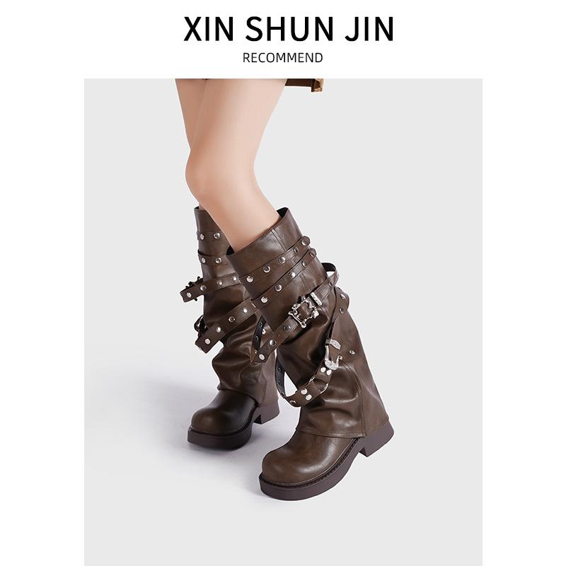 Maillard Trouser Boots Autumn New Women's Retro Round Head Niche Design Long Boots Rivet Knight Boots
