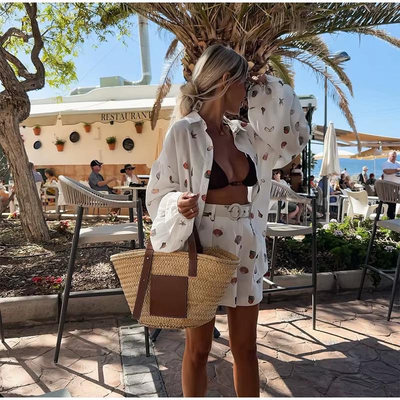 2026 European/American Linen Print Cardigan & Shorts Set - Casual Holiday Wear