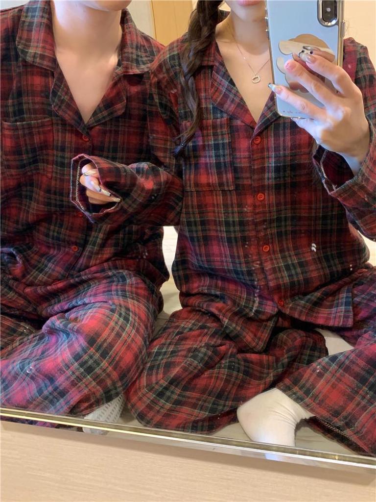 Korejský styl červený kostkovaný pyžamový set: Pohodlné, ležérní domácí oblečení pro páry