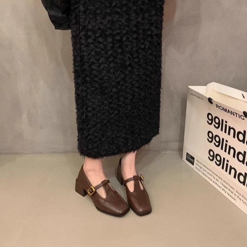 Niche design thick heel single shoes early autumn square head small leather shoes retro Mary Jane shoes women's shoes