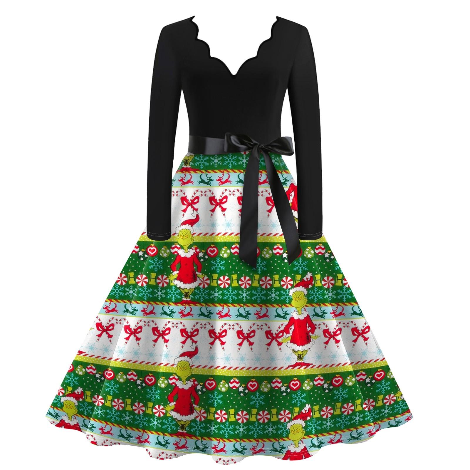 

Женское повседневное модное винтажное платье с V-образным вырезом и длинным рукавом с рождественским принтом XL темно-зеленого