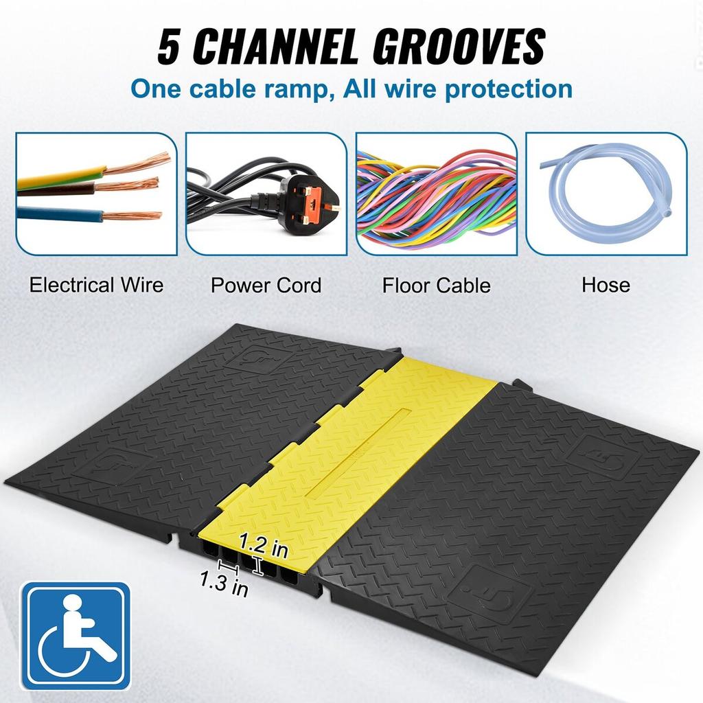 Rubber Cable Protector Ramp, 5 Channel, 22000 Lbs/axle Capacity Heavy Duty Wire Cover Ramp Hose Cord Ramp Driveway, Traffic Speed Bump with Flip-Open