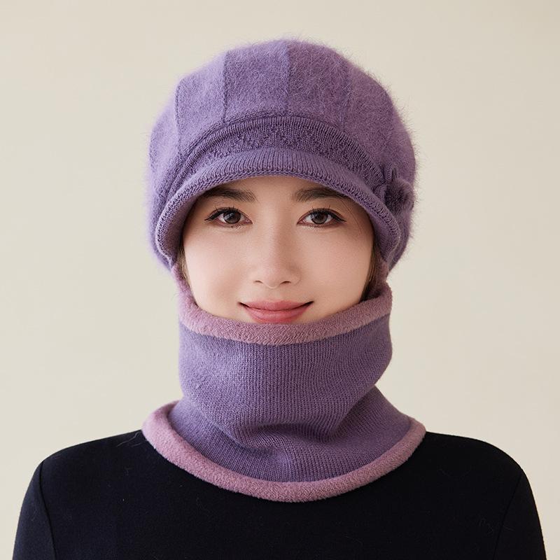 Knitted Wool Hat Scarf Integrated Women's Winter Velvet Thickened Warm In The Elderly Cycling Cold Hat