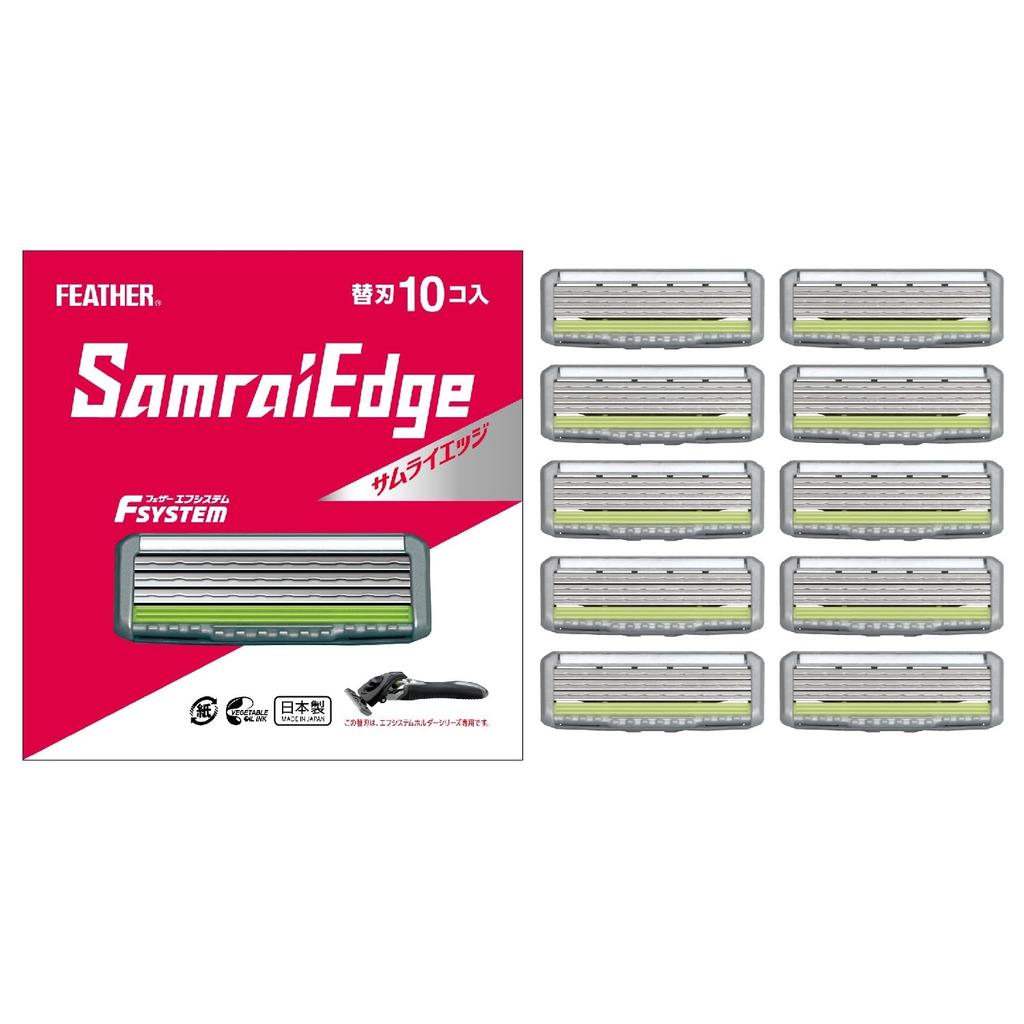 FEATHER Samurai Edge Replacement Made in for F-System Blades, 10-pack, Japan, 3-blade, T-shaped razor, men.