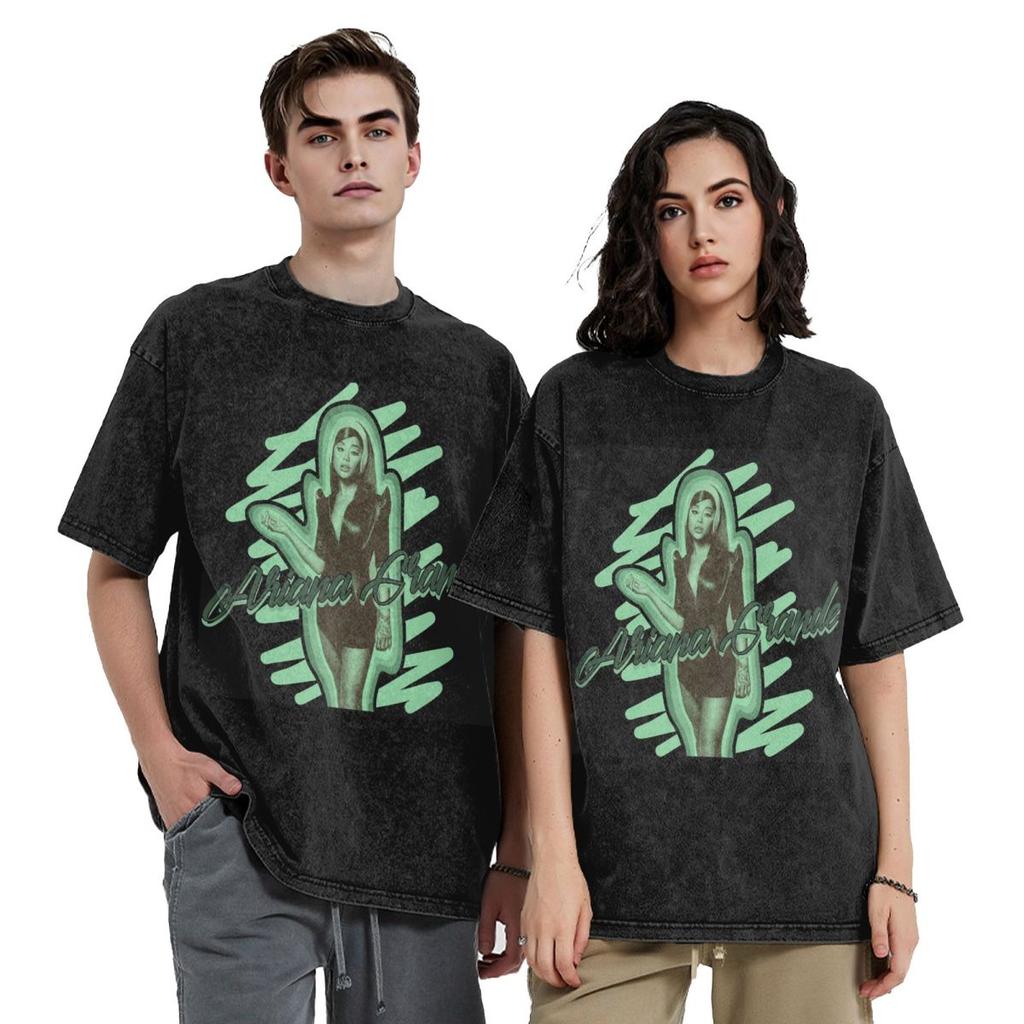 Vintage Green Theme SInger Ariana Grande Hip Hop Short Sleeve T-Shirts Washed Tops Tees Streetwear T Shirt for Men Women