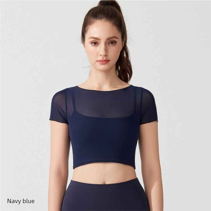 

Sports Yoga Straps Vest Sexy Mesh Yarn False Two Pieces Short Sleeve Pilates Workout Clothes Comfortable Breathable with Chest Pad Navy blue S