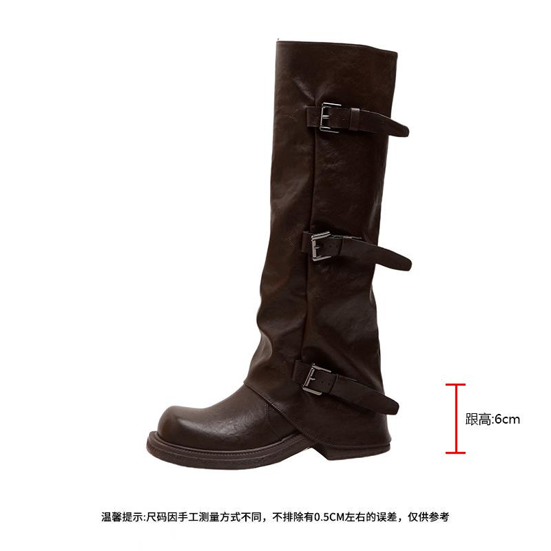 ~ Belt Buckle Square Round Head Pleated Medium Tube Knight, Autumn and Winter Pleated Stacked Pants Tube Women's Boots
