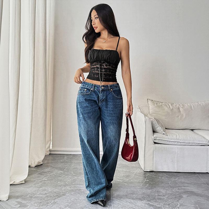 2026 Summer Women s Sexy Black Lace Waist-Cinching Spaghetti Strap Vest Large чёрный