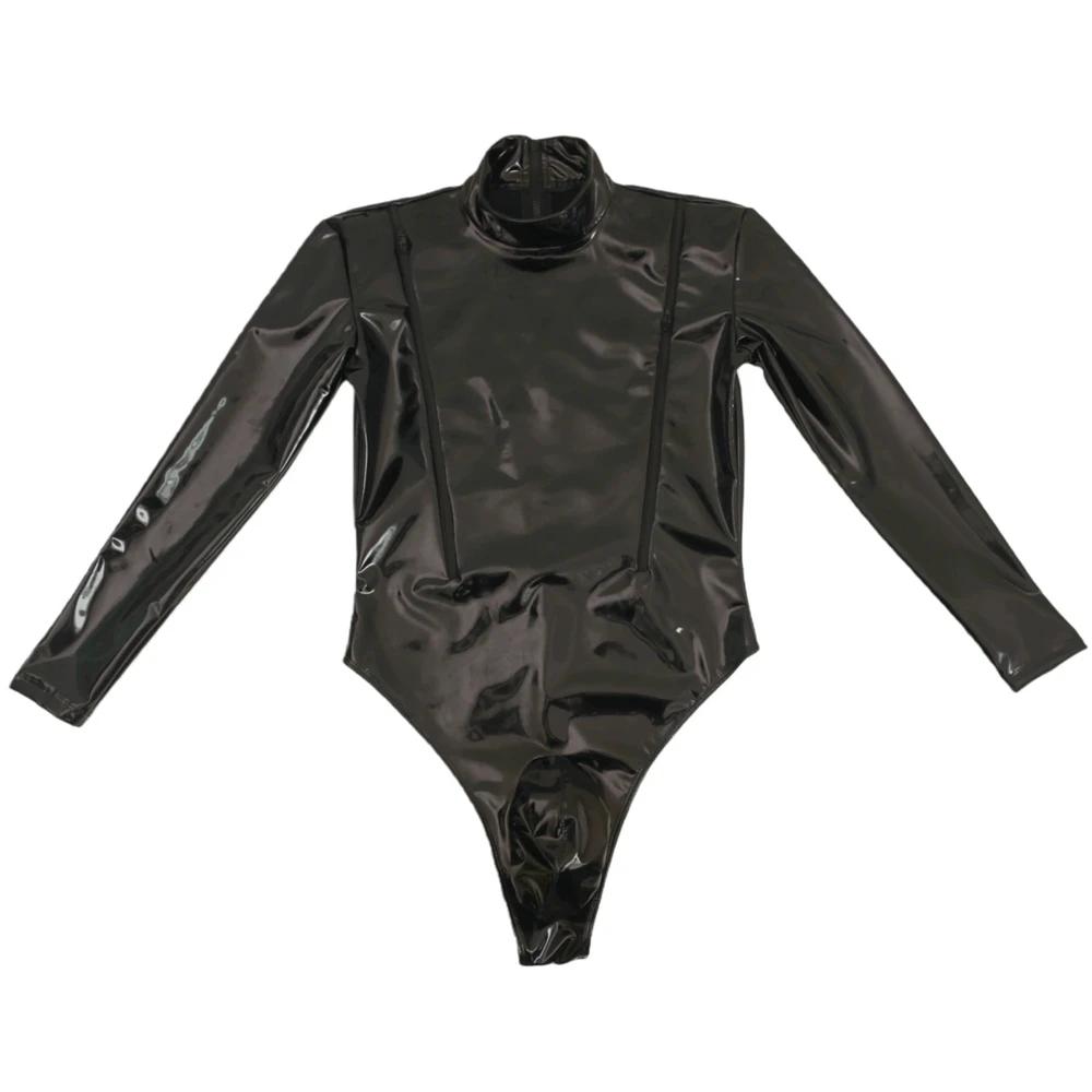Sexy Men Pu Zipper Open Bust High Cut Bodysuit Tops U Bulge Pouch Sexy Tights Fashion Latex Maid Leotard Stage Dance Wear