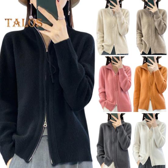 Women Knitted Sweater Coat High Collar Long Sleeve Double Zipper Placket Autumn Winter Solid Color Knitwear