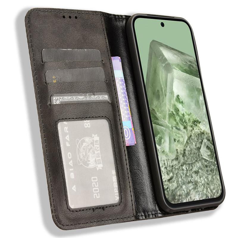 

For Google Pixel 8a Phone Case Retro PU Leather Cell Phone Cover Wallet Black