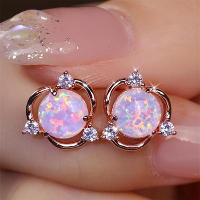 1 Paar exquisite Kupferohrringe mit Opal im kleinen Blumendesign, eleganter Retro-Stil für den Valentinstag im Herbst und Winter.