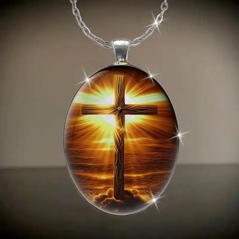 Fashionable Golden Cross Pattern Oval Pendant Necklace