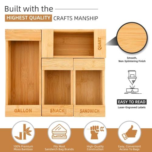 Ziploc Bag Storage Organizer, 4-Piece Sandwich Bag Organizer, Premium Bamboo Plastic Bag Organizer for Drawers, Perfect for Gallons, Quarts, Sandwiche