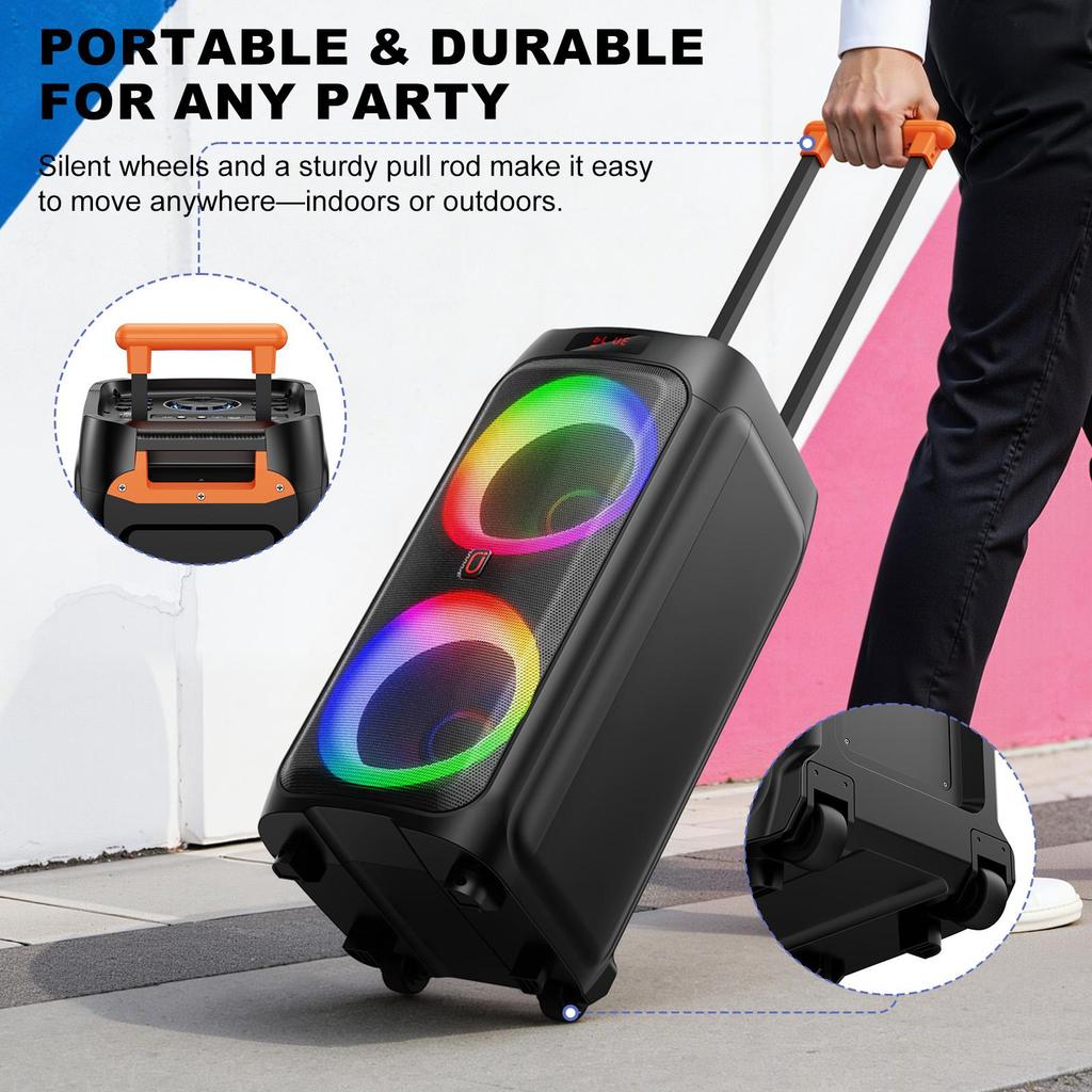 Karaoke Machine, Dual 8" Subwoofer Big Bluetooth Speaker with 500W Peak Power, PA System with DJ Light, Rolling Wheels and Trolley