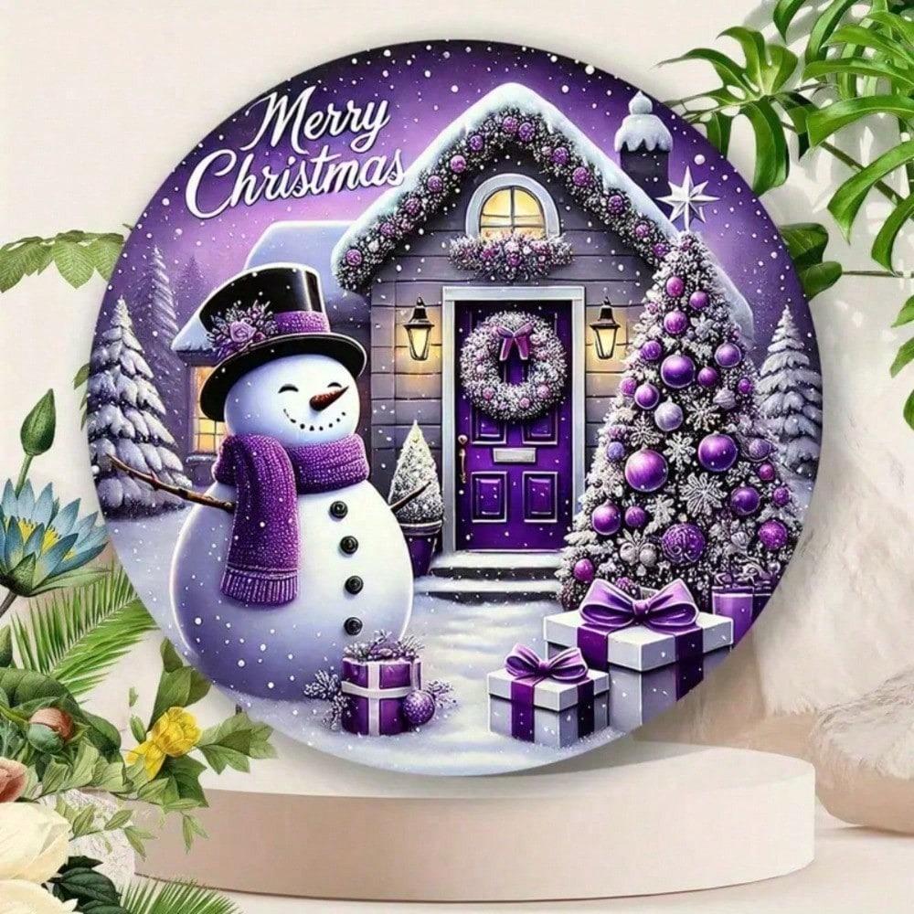 Vintage Purple Snowman Christmas Metal Sign 7.8 Inch Round for Wall Decor Farmhouse Home Bar Cafe Garden Outdoor Indoor