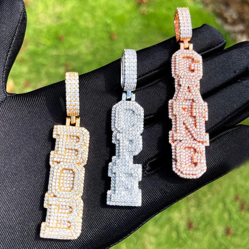 Collana Pendente Nome Verticale Lettere a Doppio Strato Iced Out Personalizzata Argento Sterling 925 Carattere Pennellato Lettera Pendente Moissanite VVS