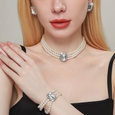 Luxury Multi-Layer Imitation Pearl Geometric Crystal Neck Chain, Stud Earrings, Colored Crystal Necklace, Fashionable And Exaggerated, Bundle Neck