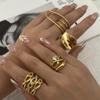 Stainless Steel Vintage Gold Plated Rings For Women Heart Shape Zircon Spiral Lines Geometric Finger Ring Party Charm Jewelry