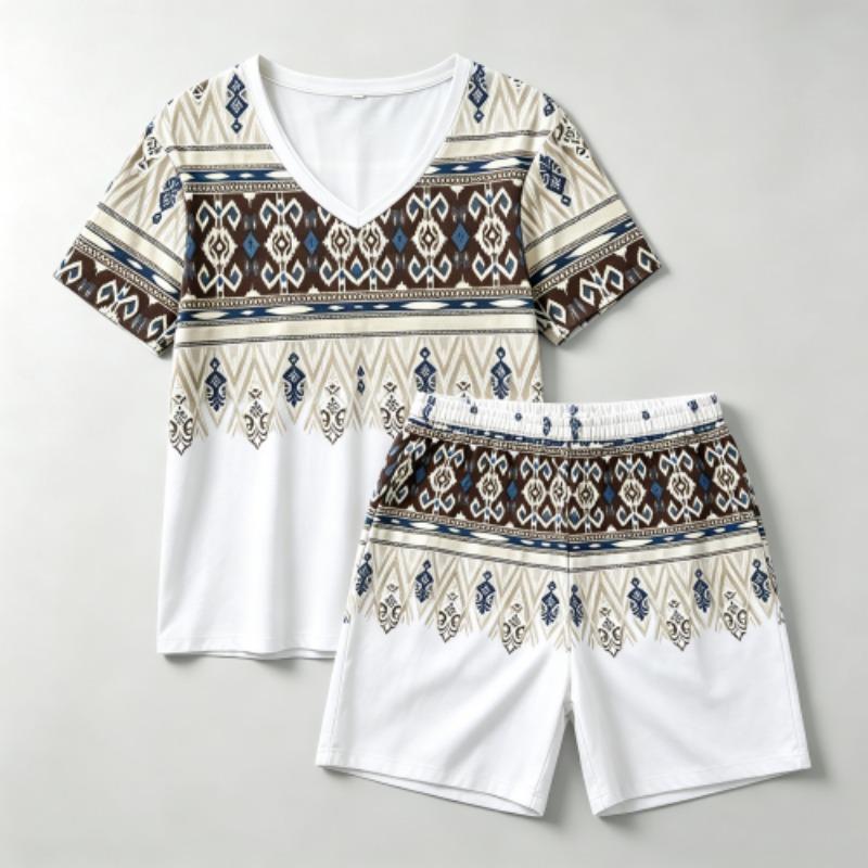 Summer Fashion Bohemian Style Geometry Pattern Printed V- Neck Short Sleeved T-Shirt And Shorts Set Women's and Men's T-shirt Shorts Set