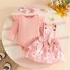 European & American Baby Striped Long-Sleeve Top, Floral Suspender Skirt & Headband Set for Spring & Autumn Girls