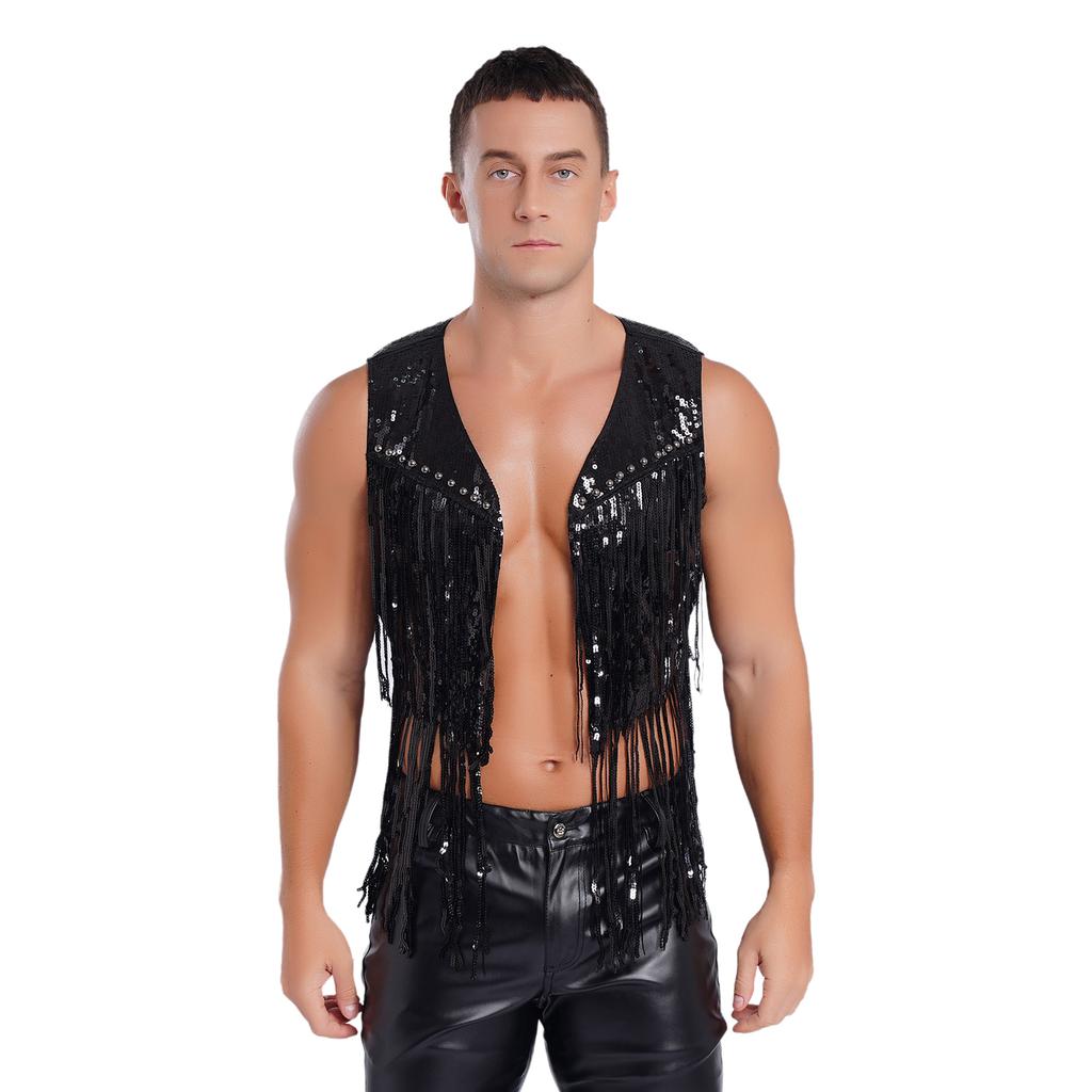 Men Sparkly Sequin Cowboy Vest Open Front Tassel Rivets Shiny Western Waistcoat for 70s Disco Club Parties