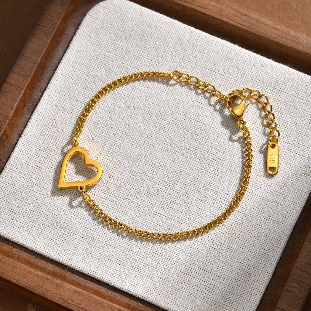 Open Heart Bracelet for Women, 18K Gold Plated Stainless Steel Thin Chain Bangle, Delicate Adjustable Heart Charm Jewelry