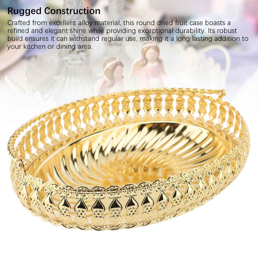 Rund Fruktskål med Handtag Guld Färg Legering Retro Rund Torkad Fruktbehållare för Fester