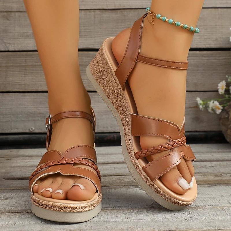 Fashion Brown Ankle Strap Wedge Sandals for Women Summer 2025 Lightweight Non Slip Beach Shoes Woman Braided Band Platform Roman Sandals
