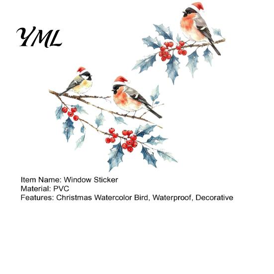 Holiday Party Window Accents Christmas Watercolor Bird Sticker, Santa Hat On Beey Winter Glass Decals Branch Static Decal, Waterproof Cling for
