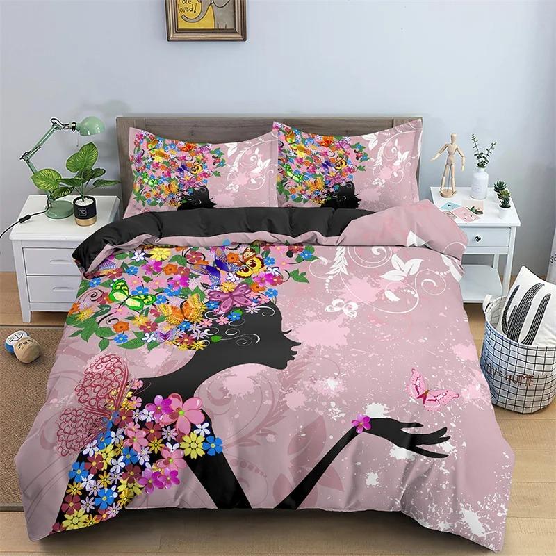 Fairy Girl with Wings Bedding Set Garden Fantasy Floral Duvet Cover Flying Butterfly Comforter Cover Colorful Flower Quilt Cover