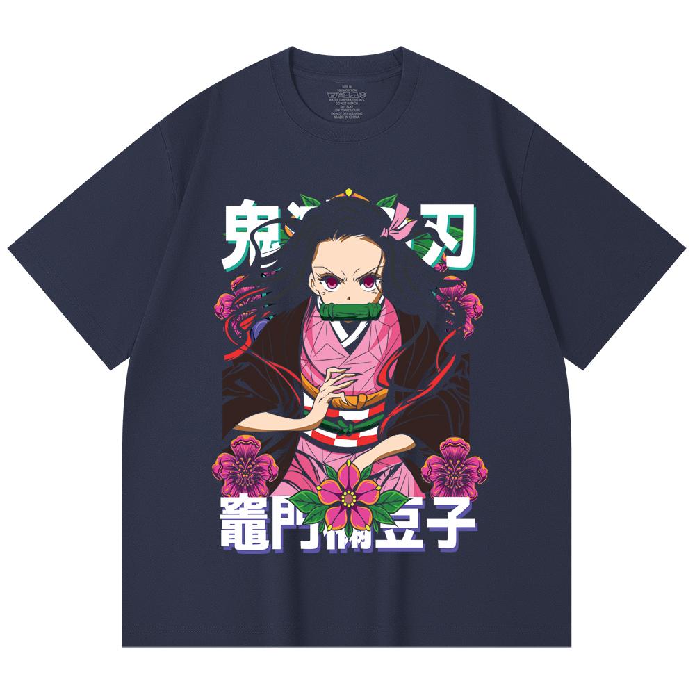 230 Gsm 100% Cotton Demon Slayer V70 Nezuko Flower Print Unisex Heavy Cotton T Shirt